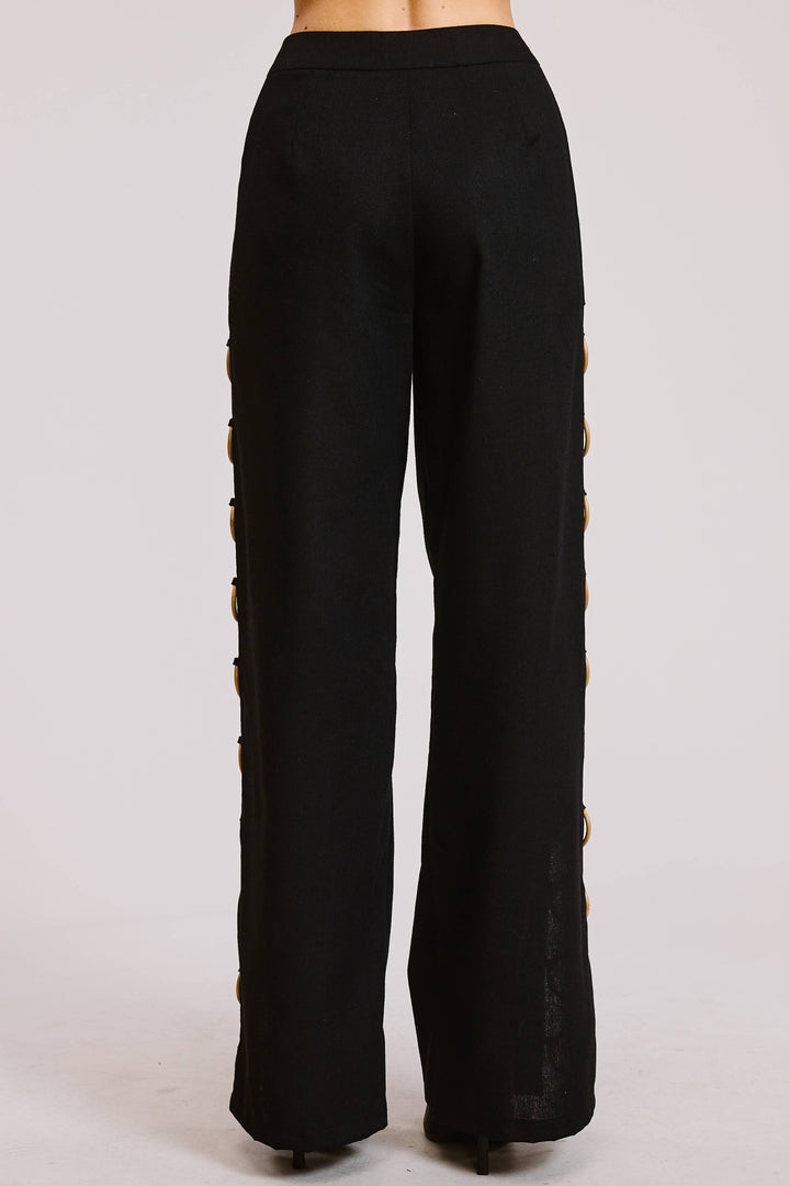 Linen Wide Leg Pants with Wooden Ring Accents