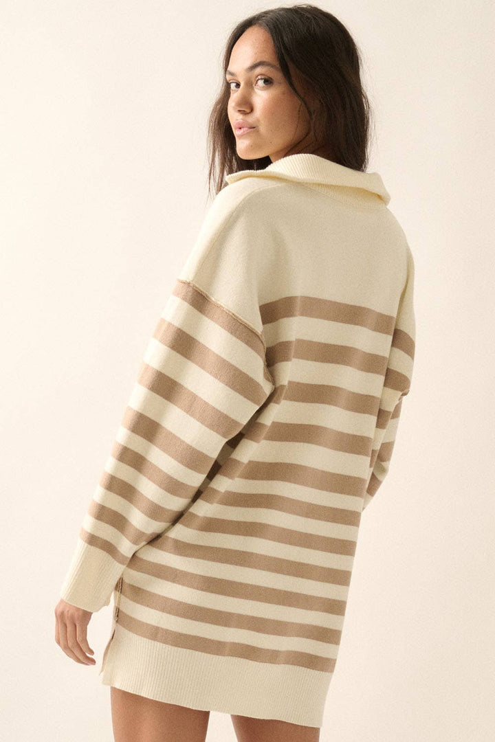 Striped Knit Collared Half-Zip Mini Sweater Dress: Cocoa-Oatmeal