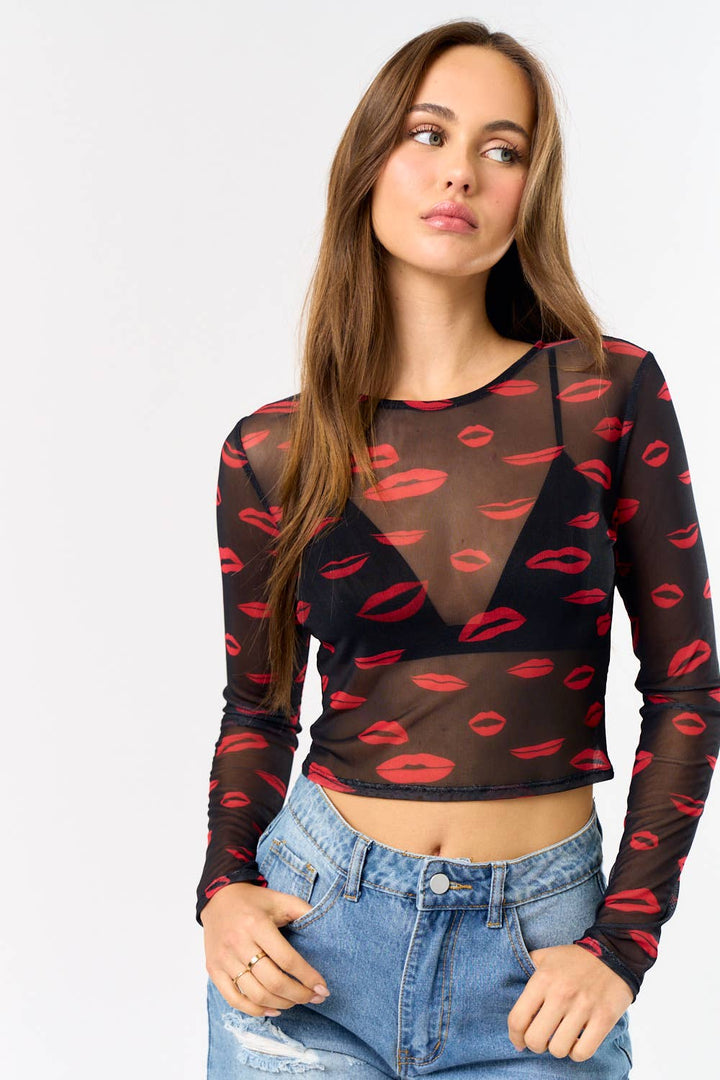 MESH LIP PRINT LONG SLEEVE CROP TOP