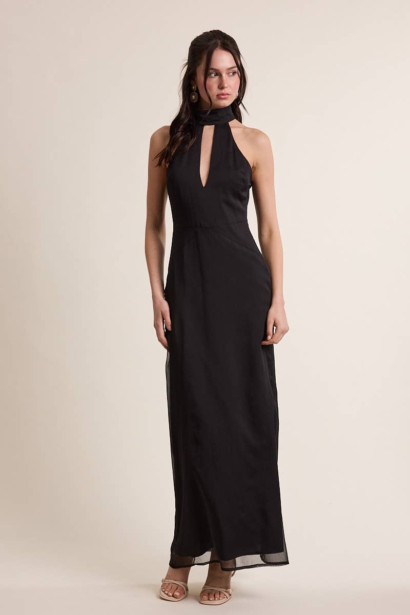 MESH SCARF POINT CUT OUT COCKTAIL MAXI DRESS: