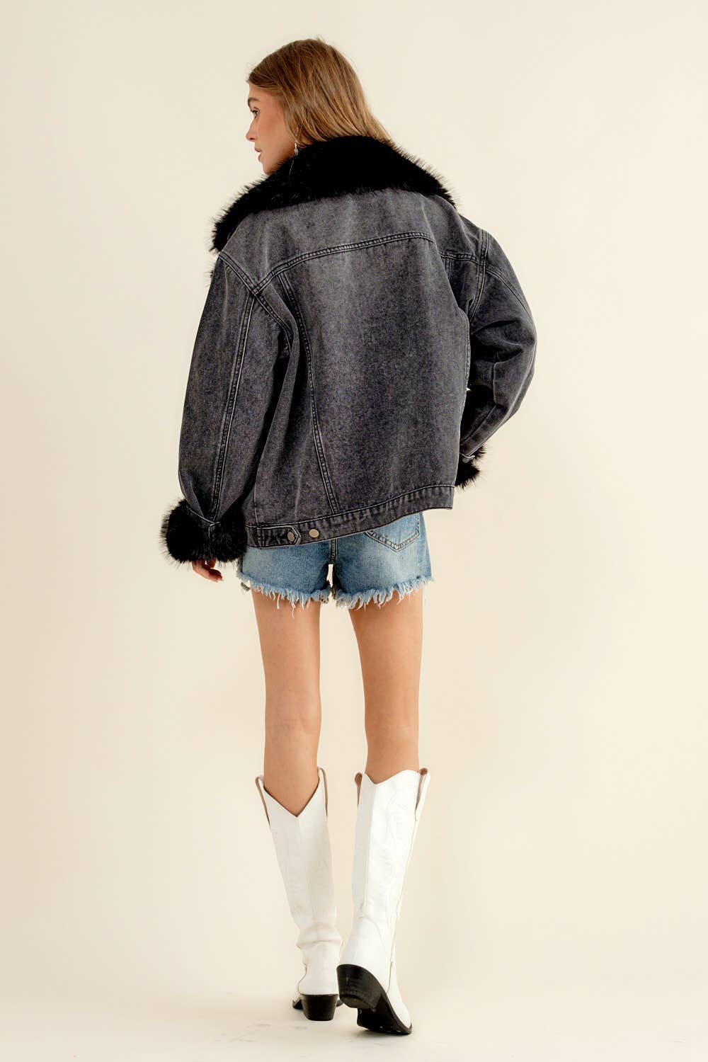Fur Collard Cuff Oversized Denim Jacket