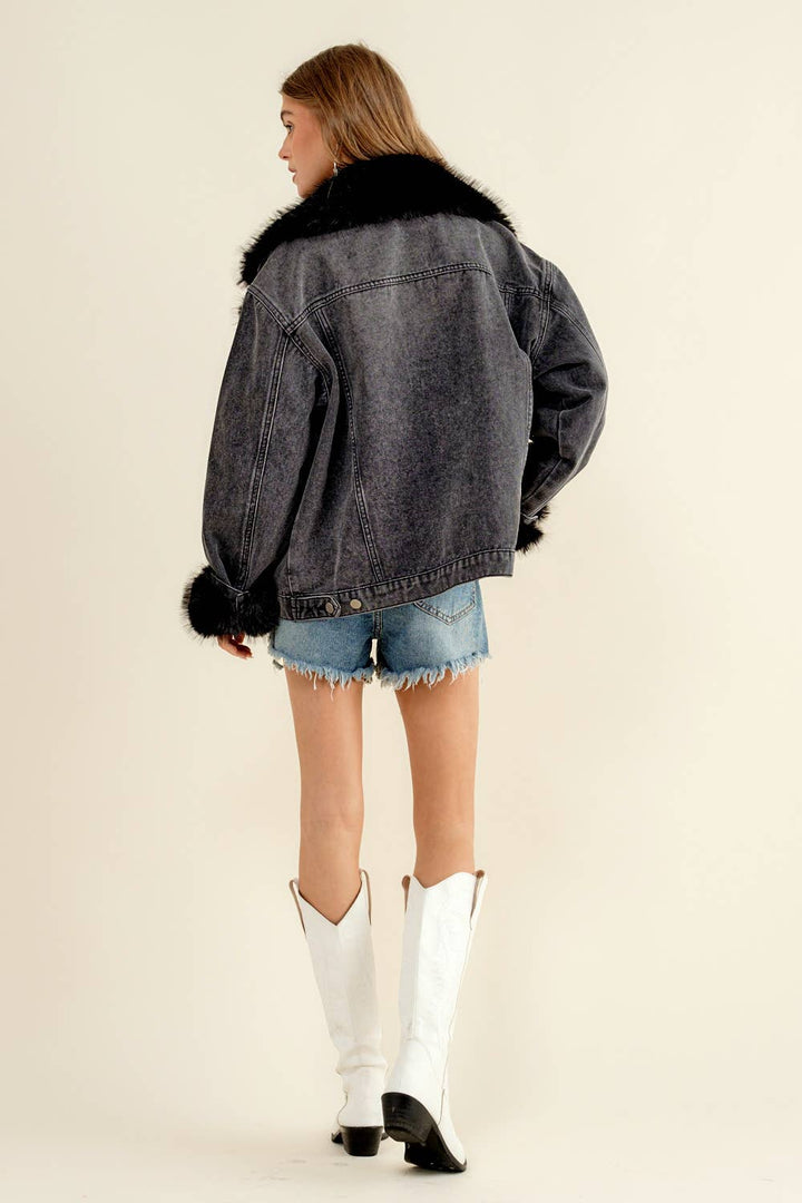 Fur Collard Cuff Oversized Denim Jacket