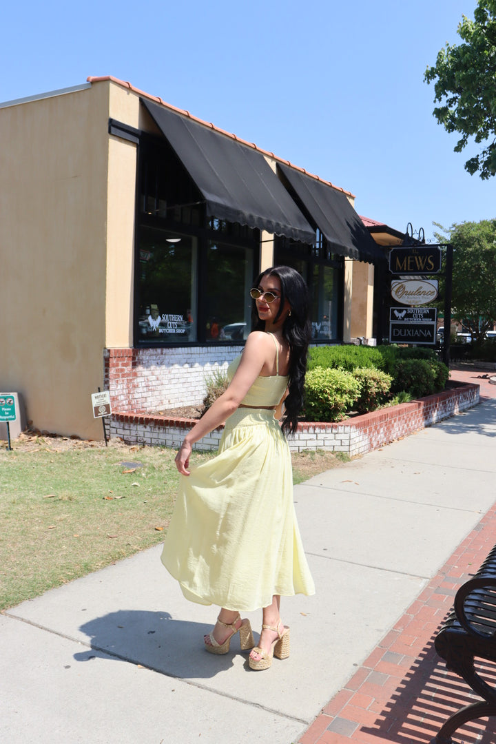 SMOCKED CROP TOP & HIGH WAISTED MIDI SKIRT