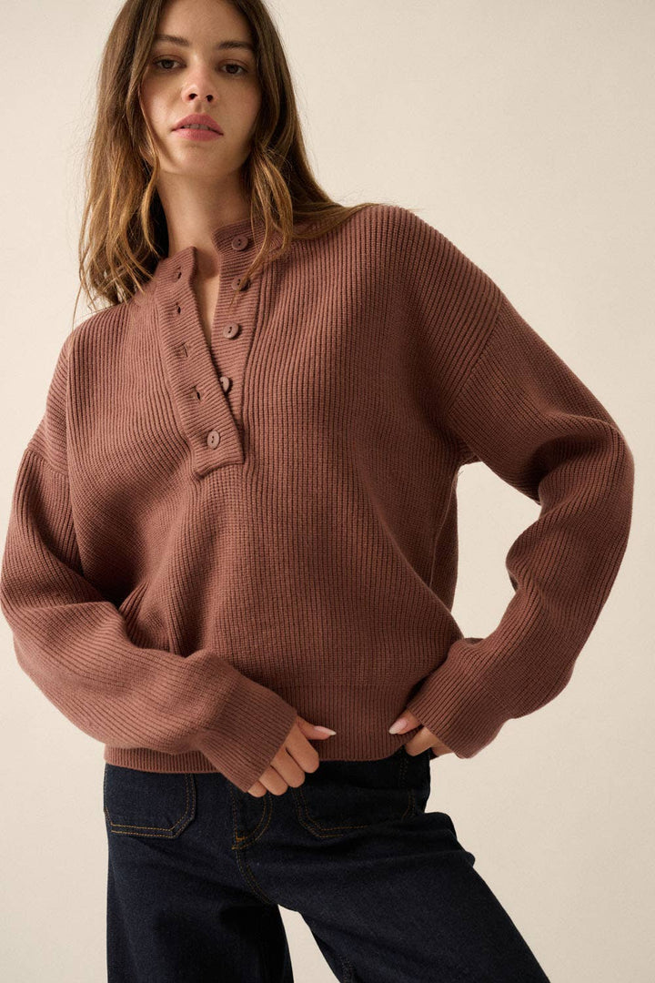 Solid Rib Knit Low Cut Collar Button Up Sweater: Cocoa