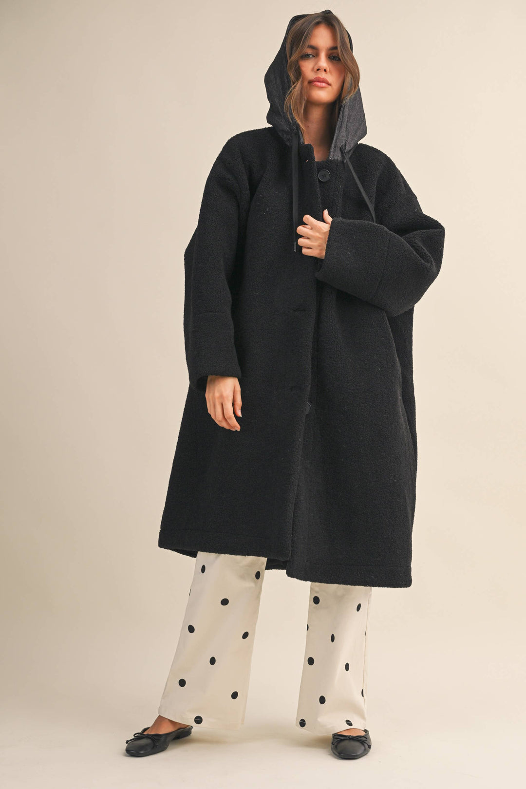 OVERSIZED DENIM CONTRAST HOODIE SHERPA COAT