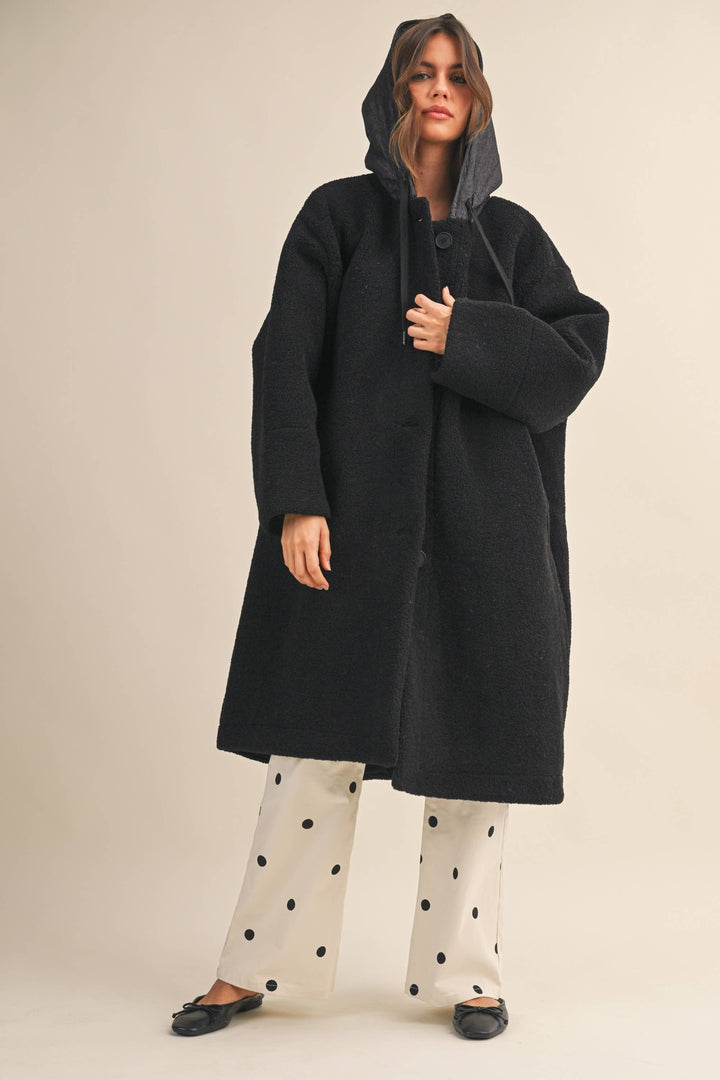 OVERSIZED DENIM CONTRAST HOODIE SHERPA COAT