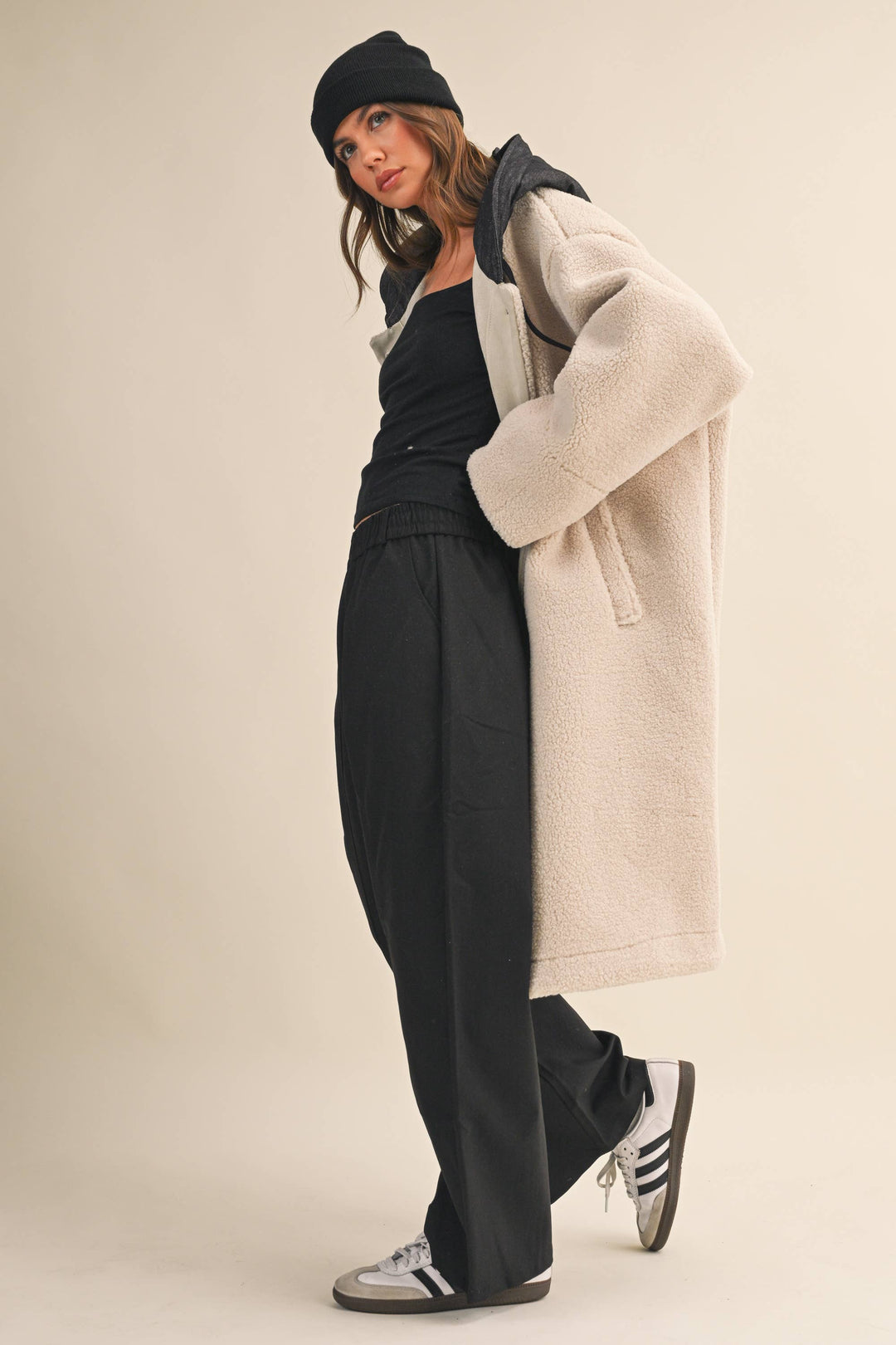 OVERSIZED DENIM CONTRAST HOODIE SHERPA COAT