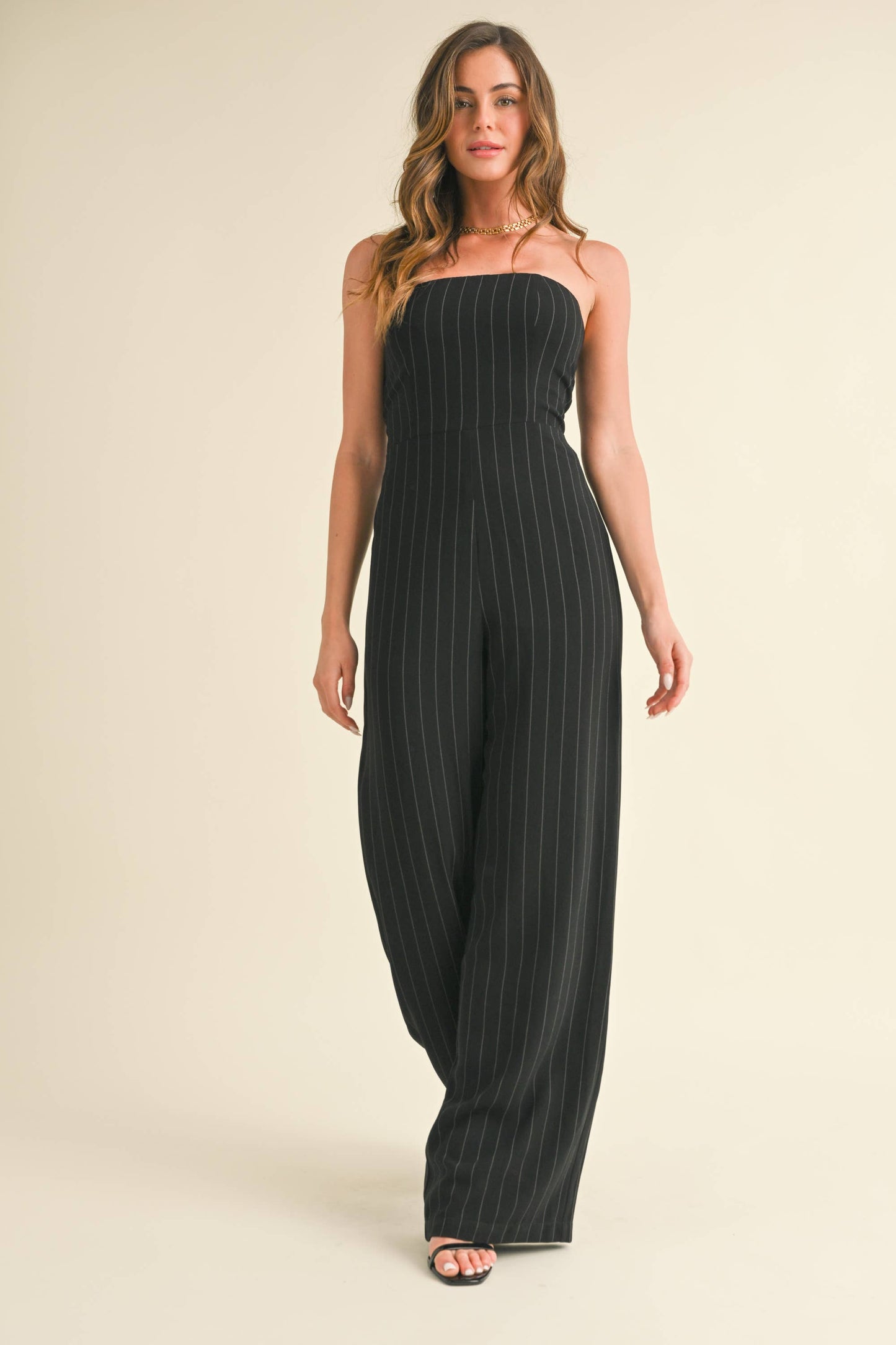 PIN STRIPED TUBE WIDE LEG JUMPSUIT