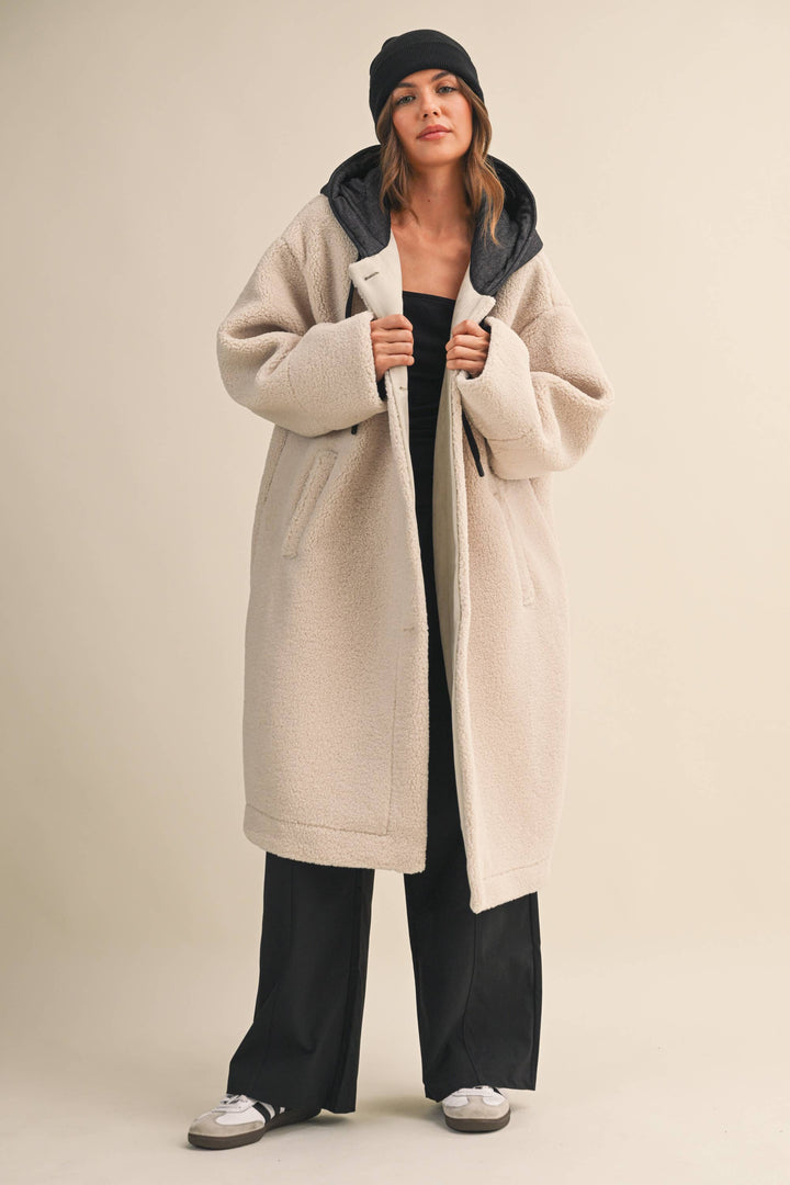 OVERSIZED DENIM CONTRAST HOODIE SHERPA COAT