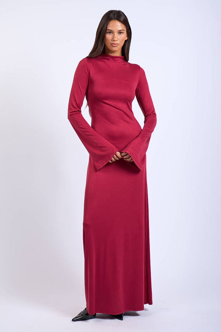 SOLID LONG SLEEVE OPEN BACK DOUBLE TIES MAXI DRESS ( Valentines)