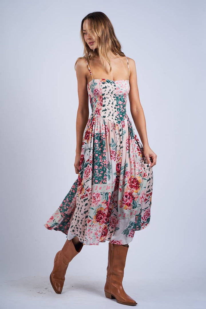 FLORAL PATCH PRINT SLEEVELESS SMOCKED MIDI DRESS