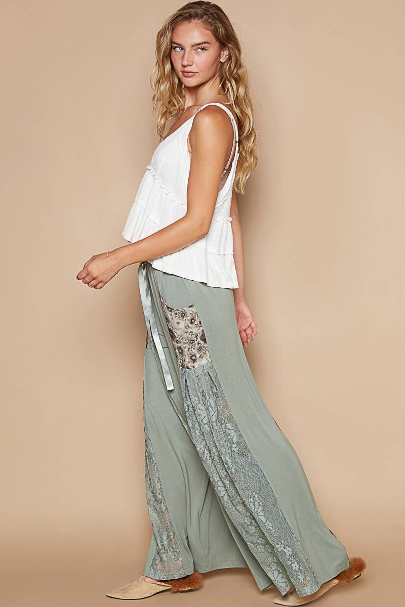 Lace printed fabric contrast adjustable strap wide pants