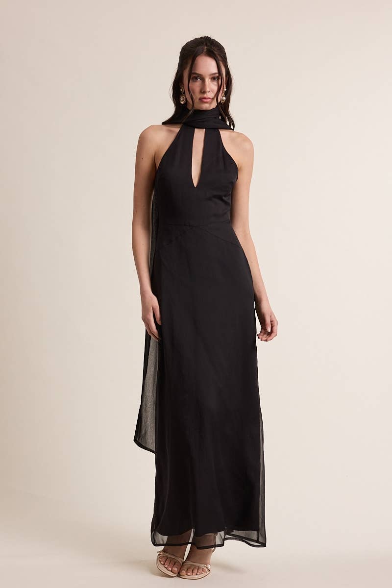 MESH SCARF POINT CUT OUT COCKTAIL MAXI DRESS: