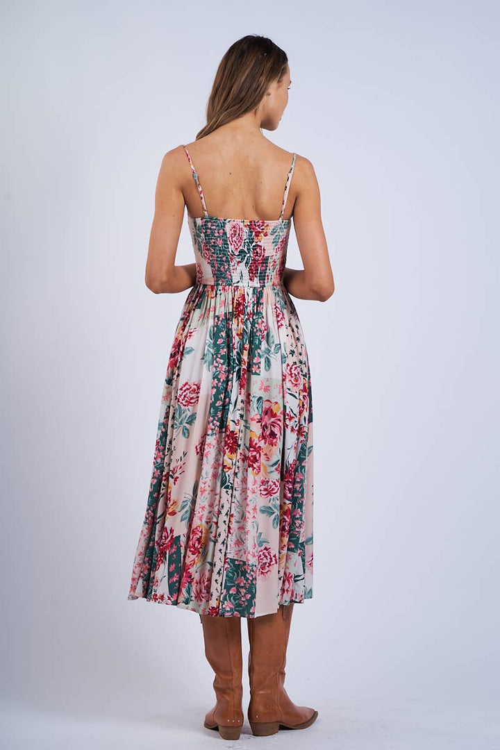 FLORAL PATCH PRINT SLEEVELESS SMOCKED MIDI DRESS