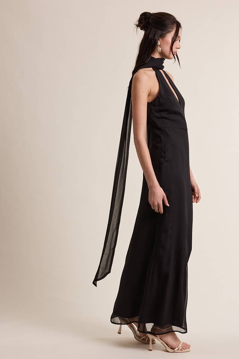 MESH SCARF POINT CUT OUT COCKTAIL MAXI DRESS: