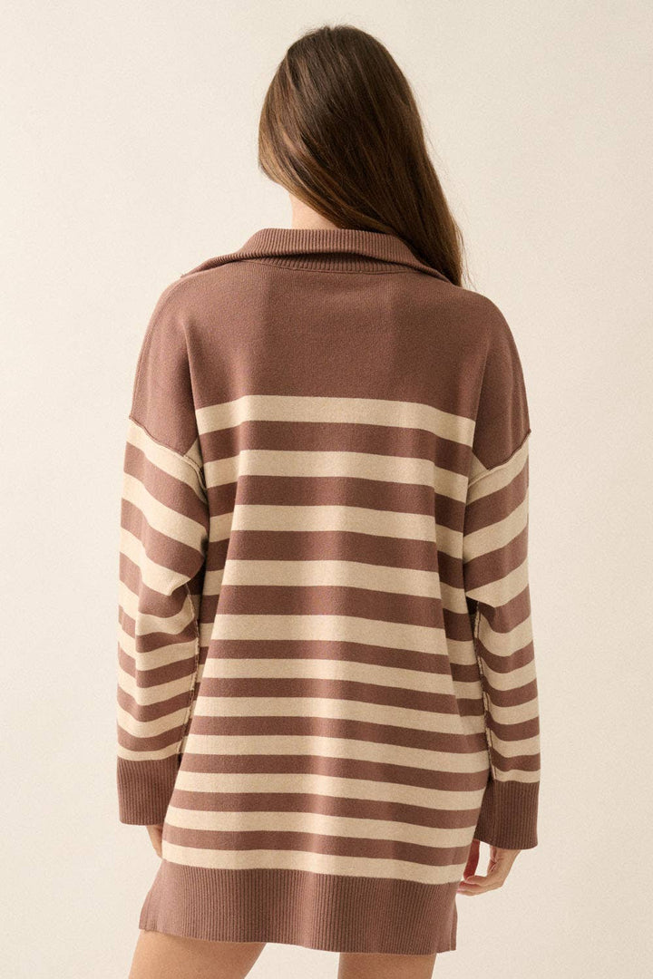 Striped Knit Collared Half-Zip Mini Sweater Dress: Cocoa-Oatmeal