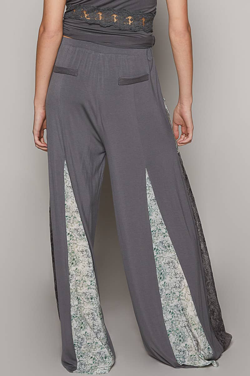 Lace printed fabric contrast adjustable strap wide pants