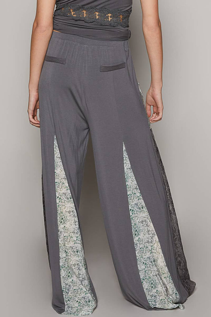 Lace printed fabric contrast adjustable strap wide pants