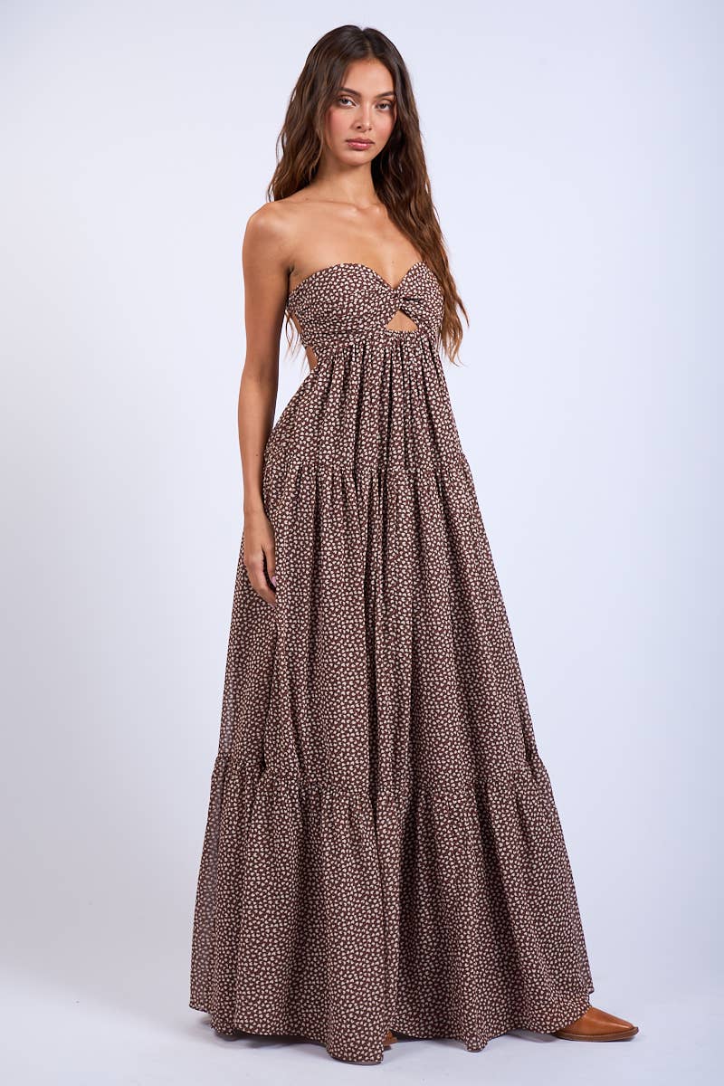 BROWN HEART PRINT TWISTED RUCHED BUST MAXI DRESS