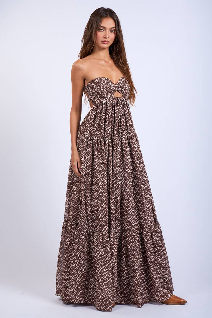 BROWN HEART PRINT TWISTED RUCHED BUST MAXI DRESS