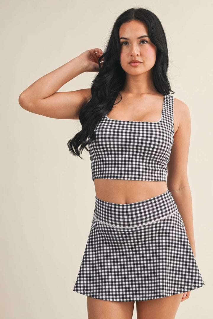 Gingham Print Crop Tank with Lace Trim
