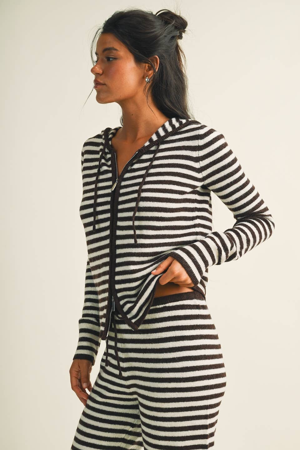 Striped Relaxed Zip Up Knit Sweater Hoodie: Choco Pink Stripe
