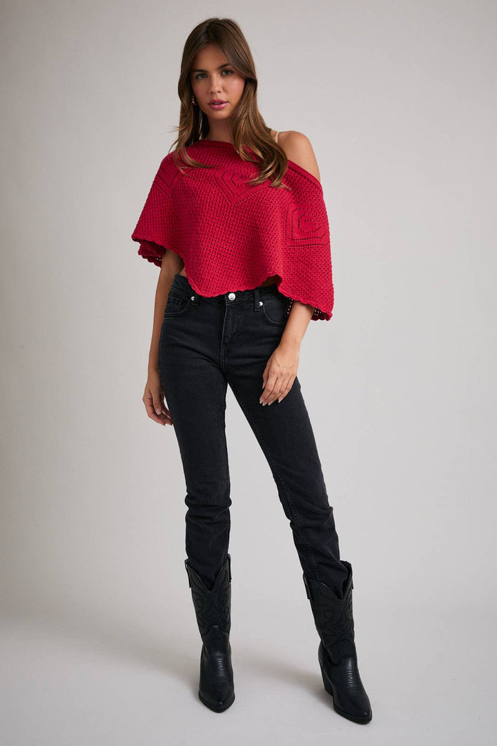 OFF SHOULDER HEART CROCHET PONCHO