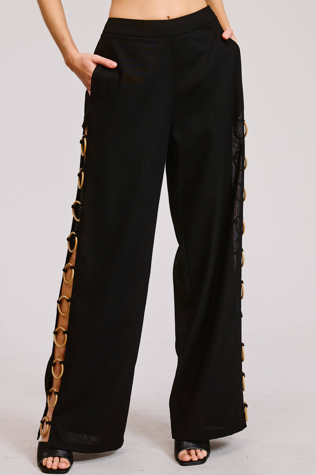 Linen Wide Leg Pants with Wooden Ring Accents