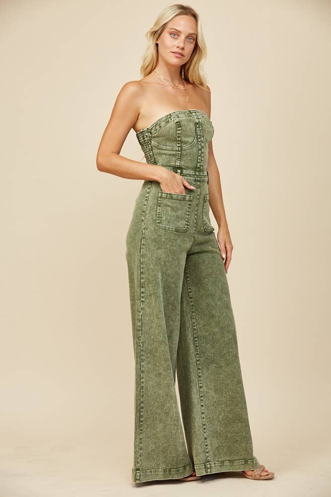 BOHO MINERAL WASH WIDE LEG DENIM JUMPSUIT