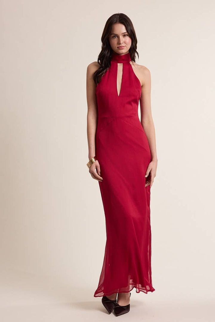 MESH SCARF POINT CUT OUT COCKTAIL MAXI DRESS: