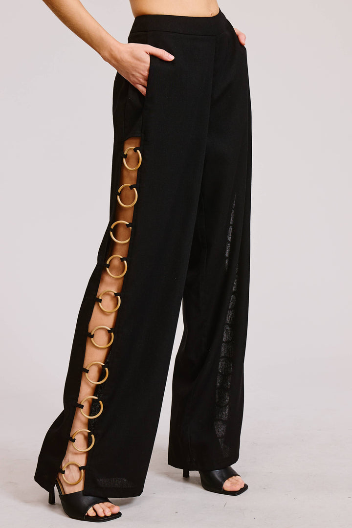 Linen Wide Leg Pants with Wooden Ring Accents