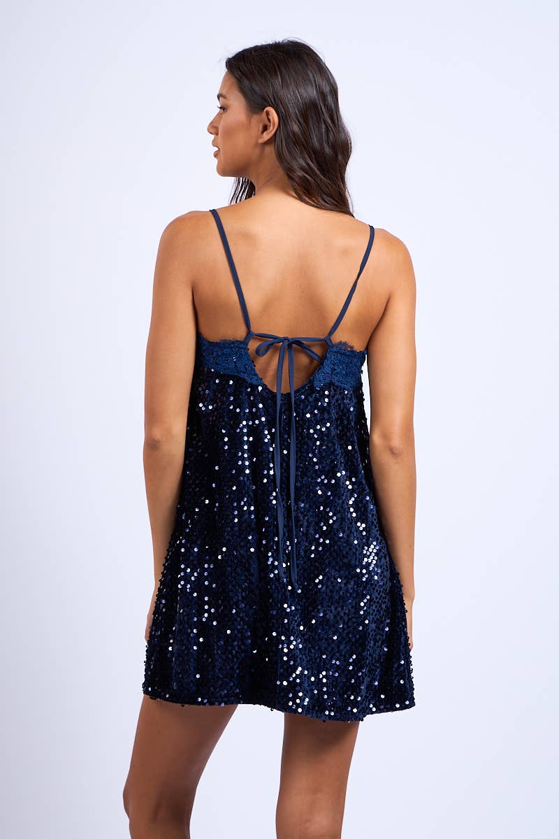 SEQUIN GLITTER SLEEVELESS LACE TRIM MINI DRESS