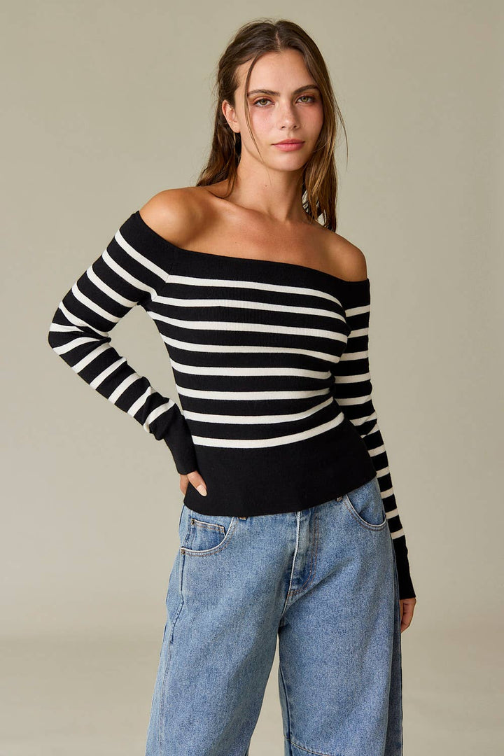 Bella Slim Fit Long Sleeve Striped Off the Shoulder