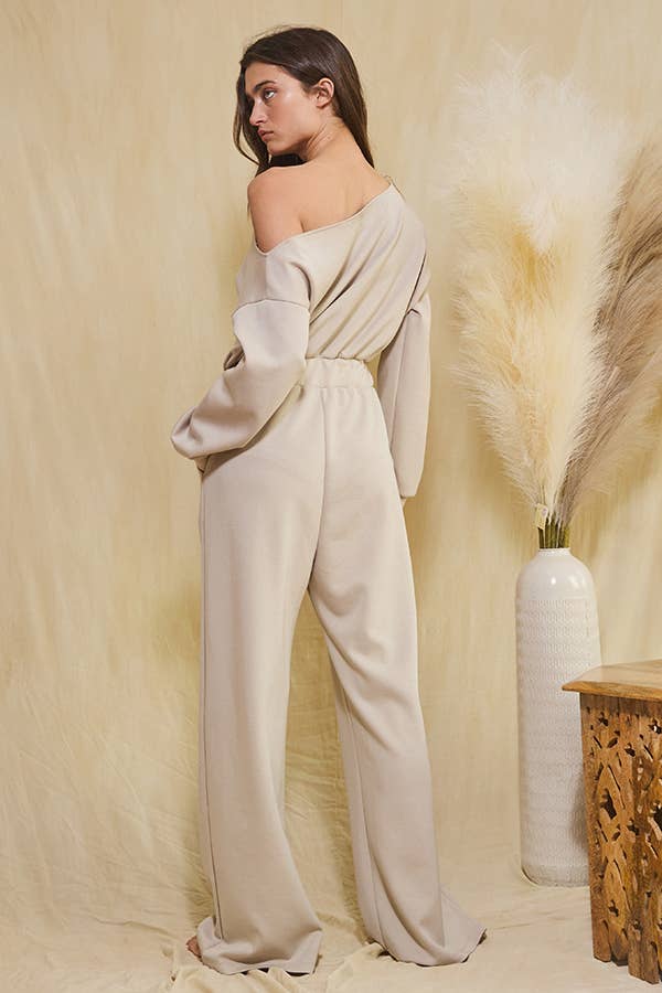 Scuba Long Sleeve One Shoulder Wide Leg Jumpsuit