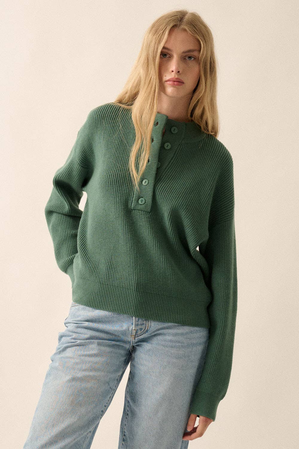 Solid Rib Knit Low Cut Collar Button Up Sweater: Cocoa