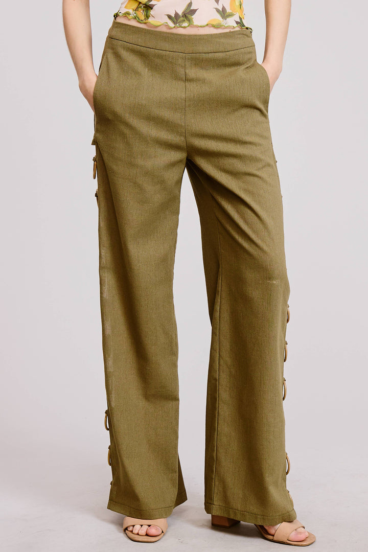 Linen Wide Leg Pants with Wooden Ring Accents