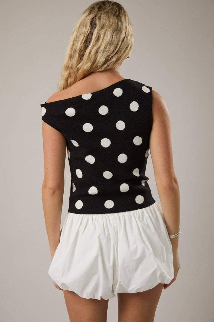 POLKA DOT DETAIL ASYMMETRICAL NECK SWEATER TOP: BLACK