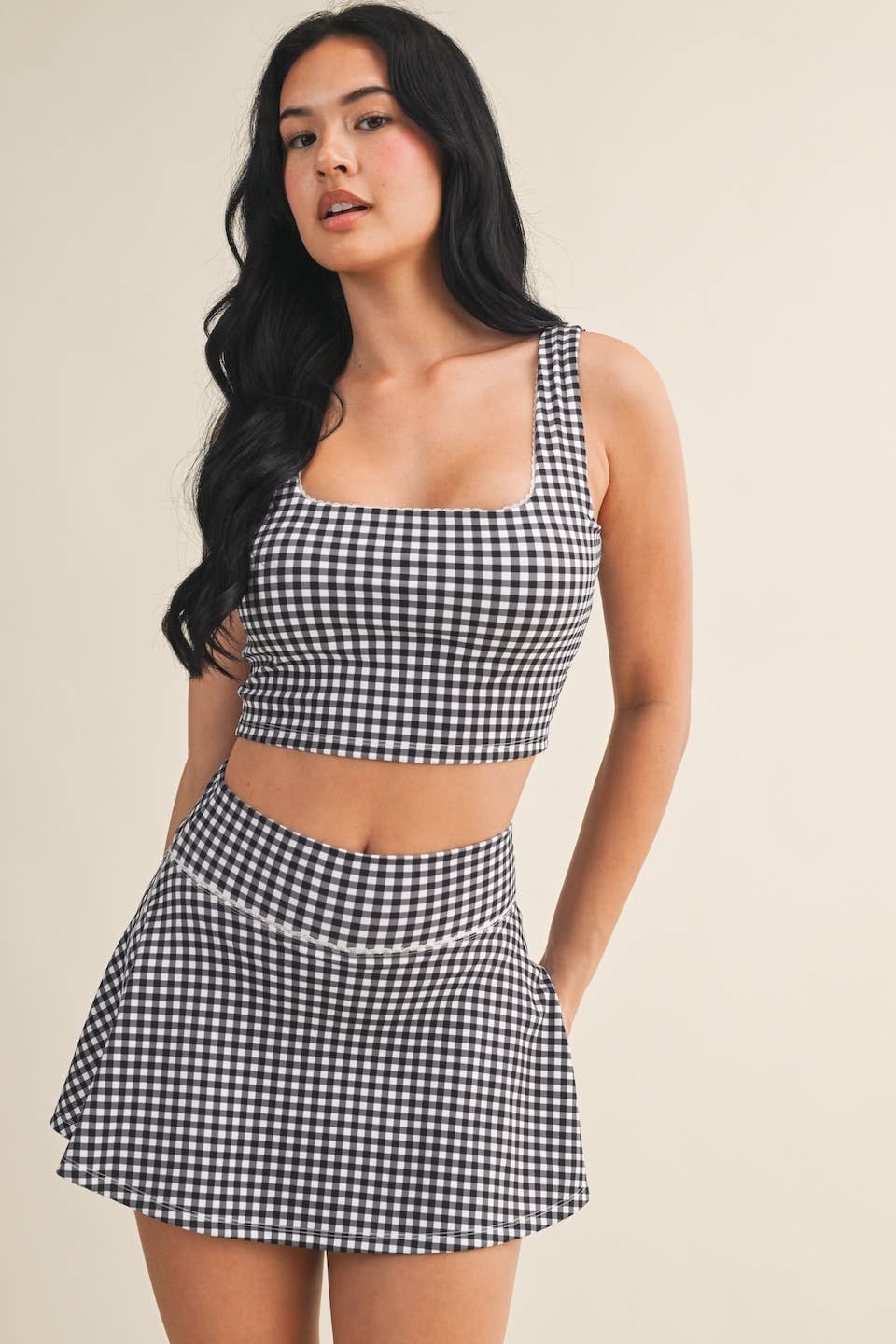 Gingham Print Crop Tank with Lace Trim