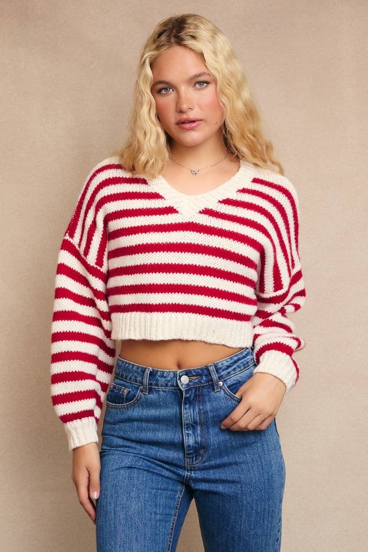 LONG SLEEVE V-NECK STRIPED CROPPED SWEATER- BUTTER
