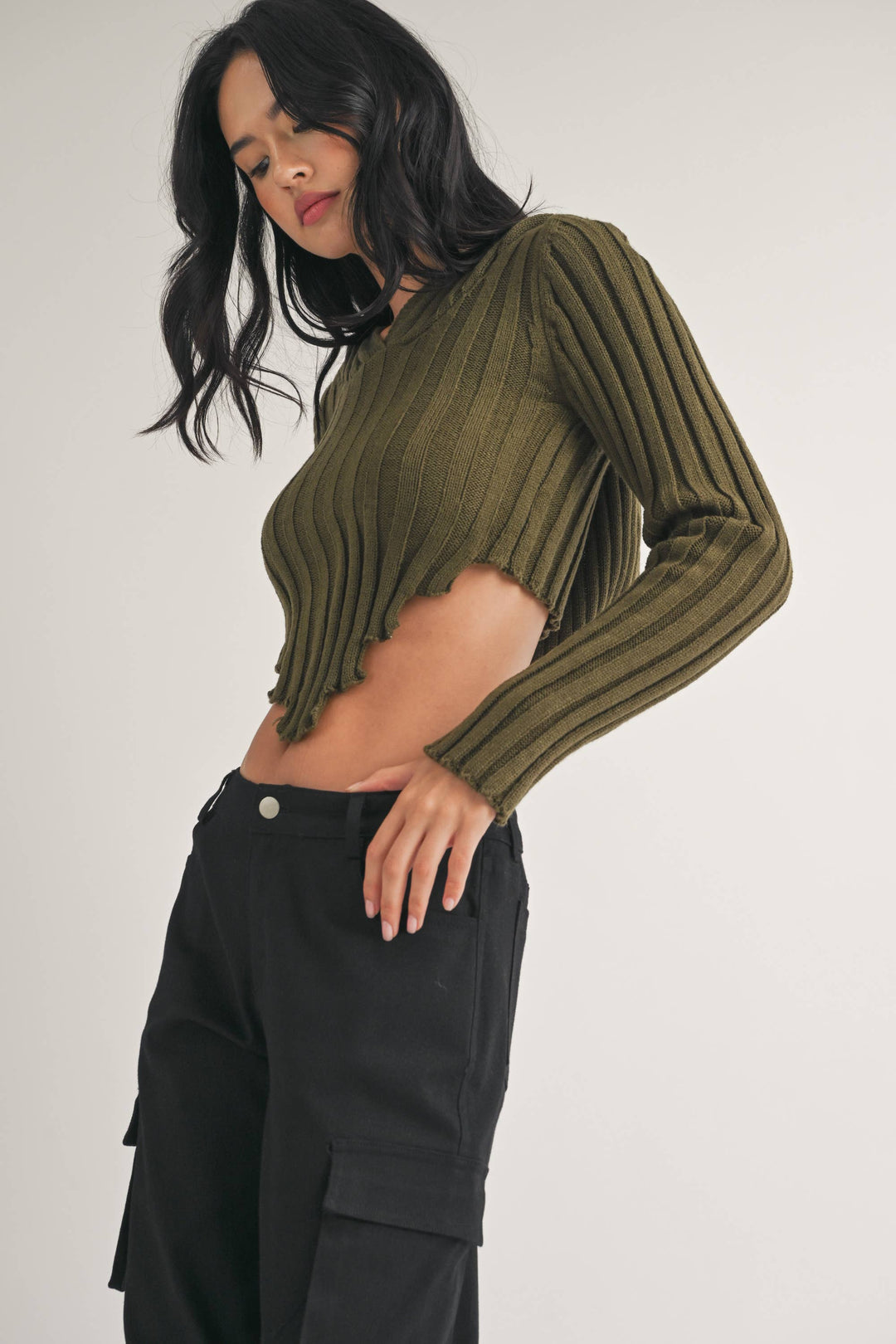 HOODED SWEATER KNIT CROP TOP WITH ASYMMETRICAL HEM