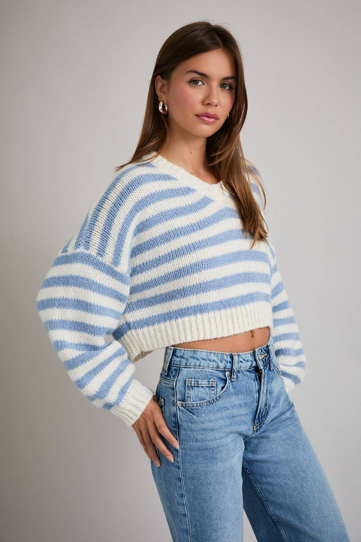 LONG SLEEVE V-NECK STRIPED CROPPED SWEATER- BUTTER