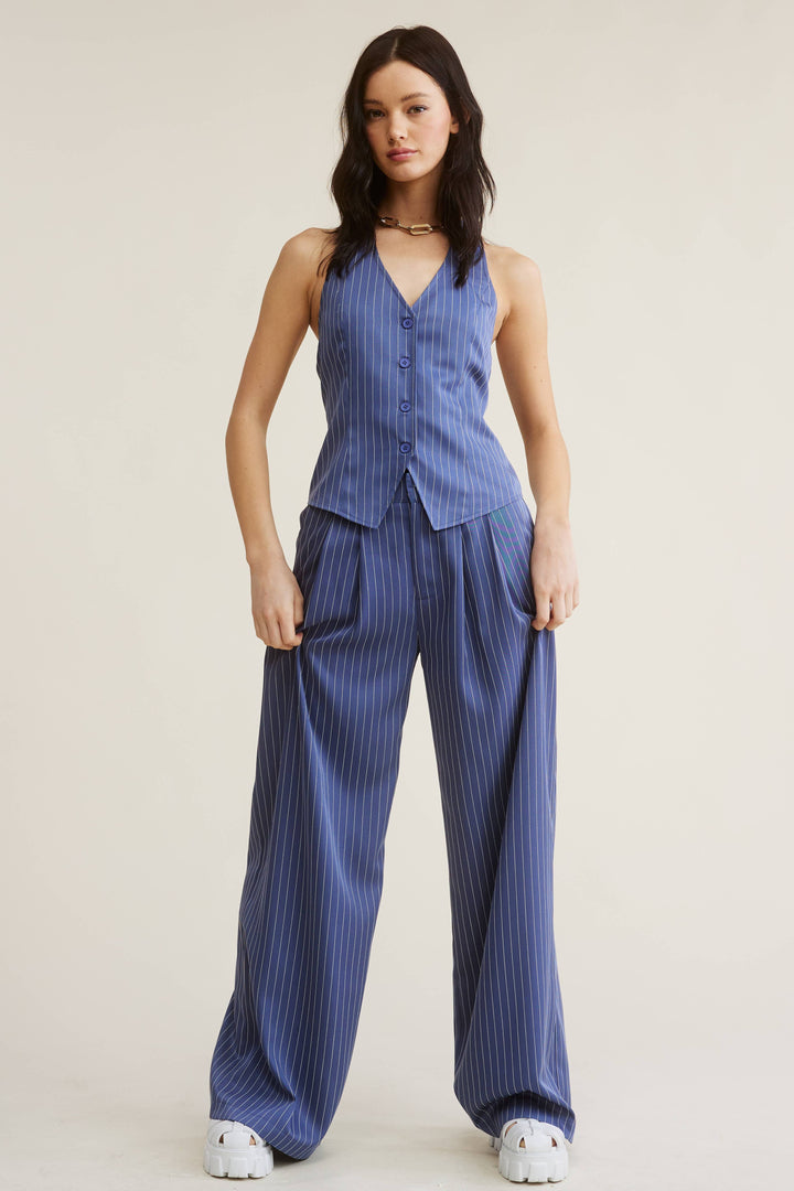 PINSTRIPE HALTER VEST + WIDE LEG PANTS MATCHING SET