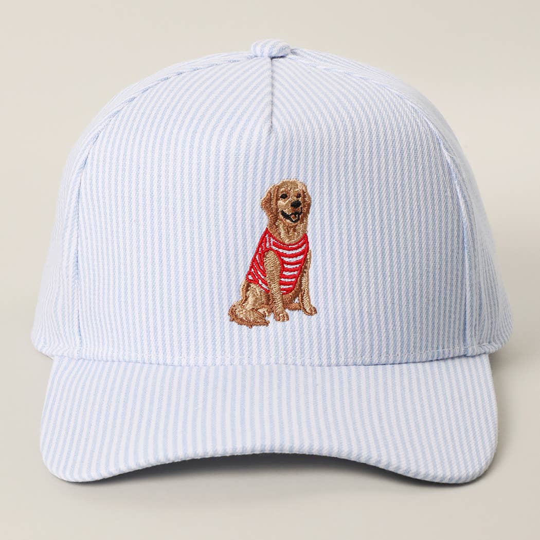 Fashion City - Golden Retriever Embroidered Seersucker Stripe Trucker Hat: BLUE / ONE SIZE