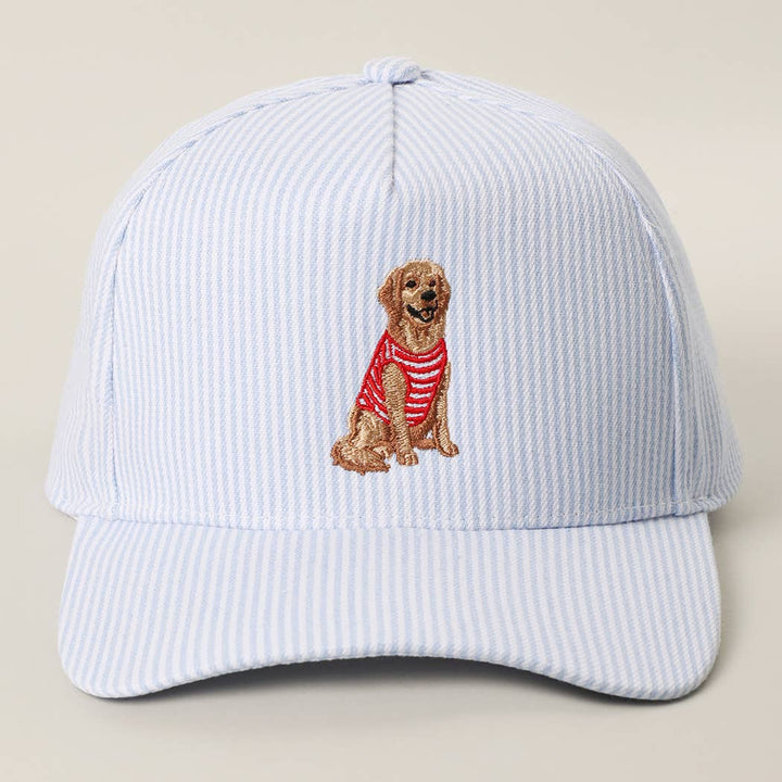 Fashion City - Golden Retriever Embroidered Seersucker Stripe Trucker Hat: BLUE / ONE SIZE