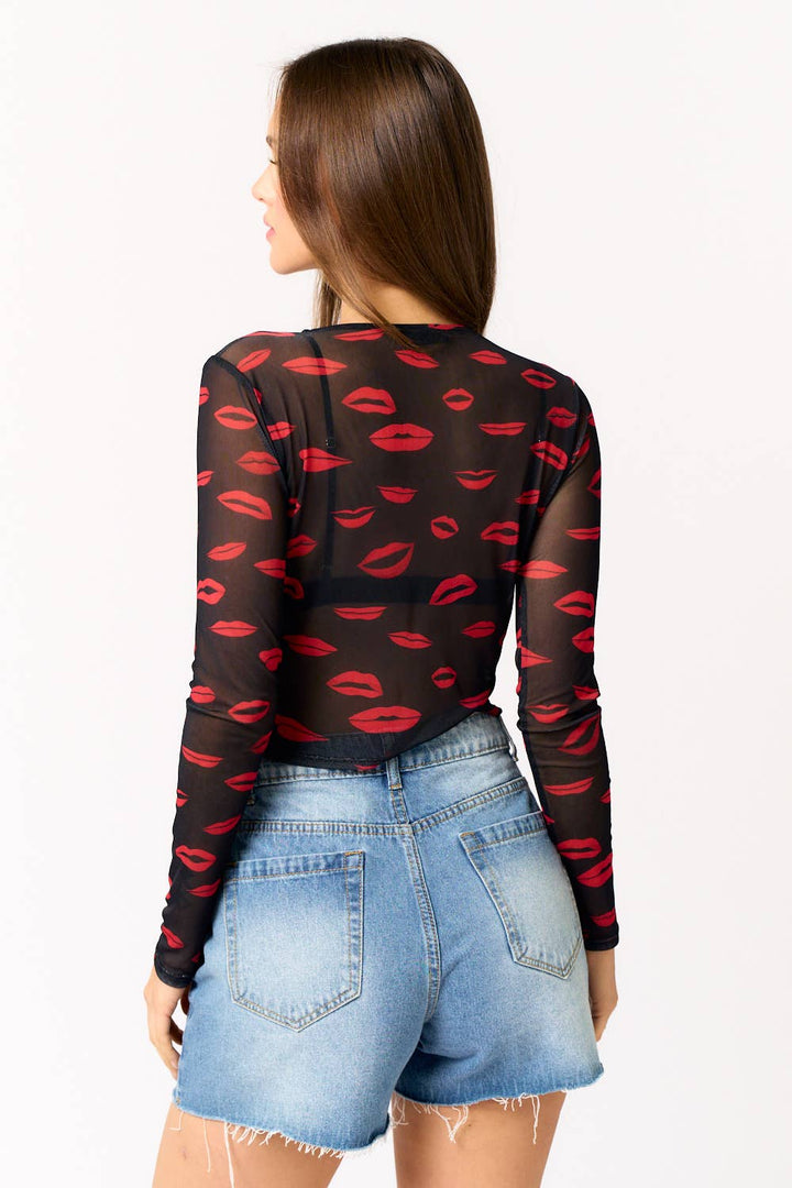 MESH LIP PRINT LONG SLEEVE CROP TOP