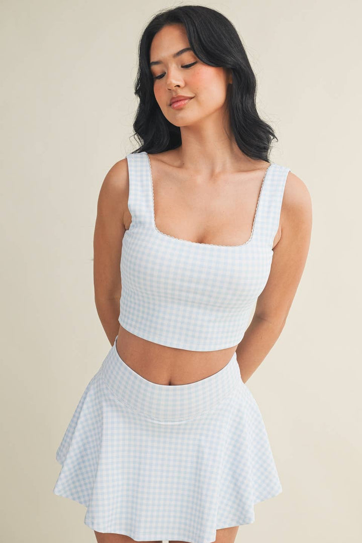 Gingham Print Crop Tank with Lace Trim
