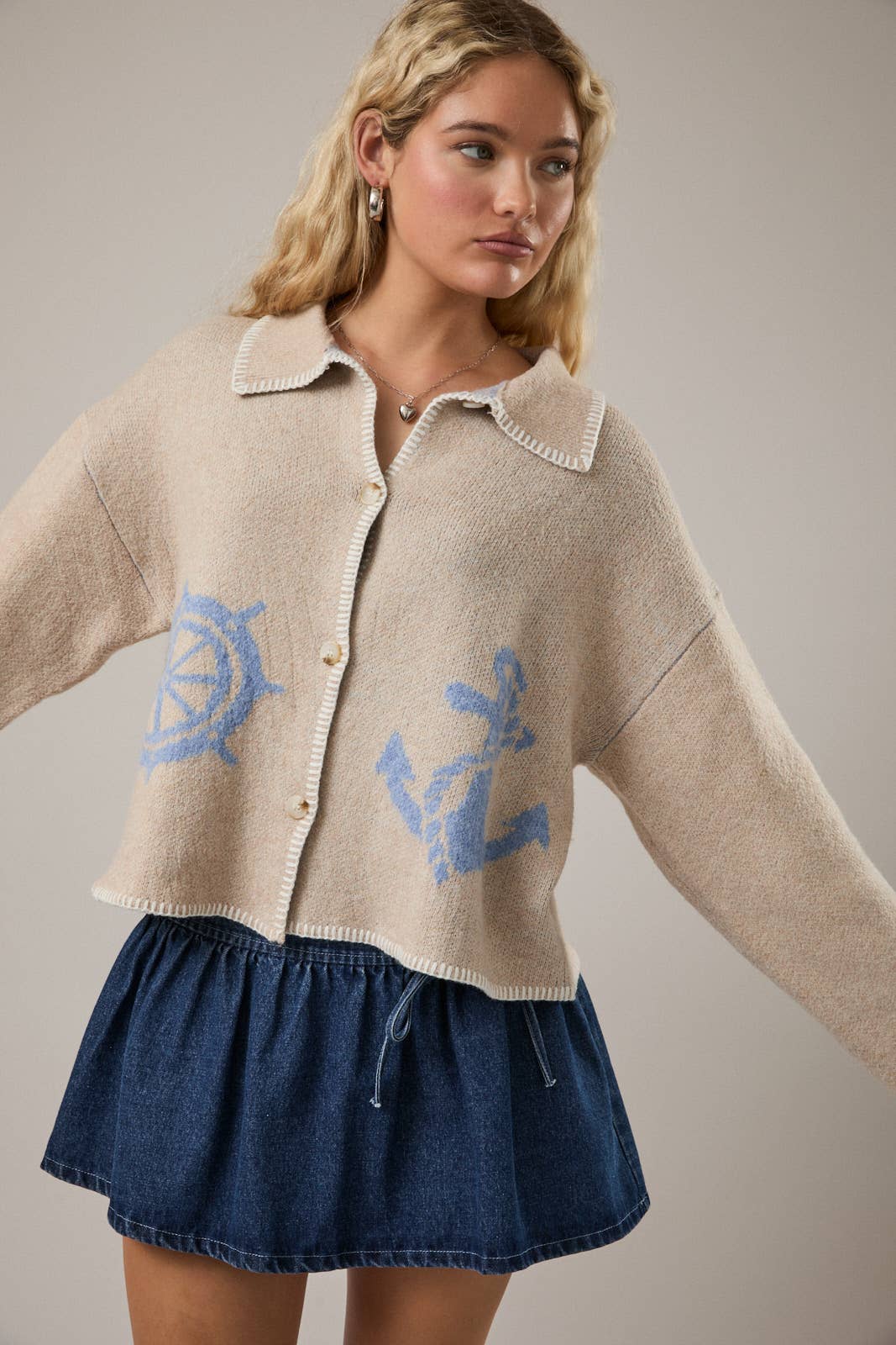 STITCH DETAIL COLLARED SWEATER CARDIGAN