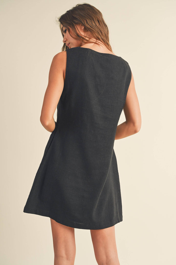 LINEN SQUARE NECK PATTERN MINI DRESS