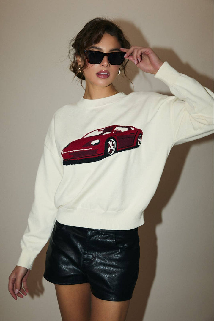 ROUND NECK LONG SLEEVE "CAR" GRAPHIC SWEATER
