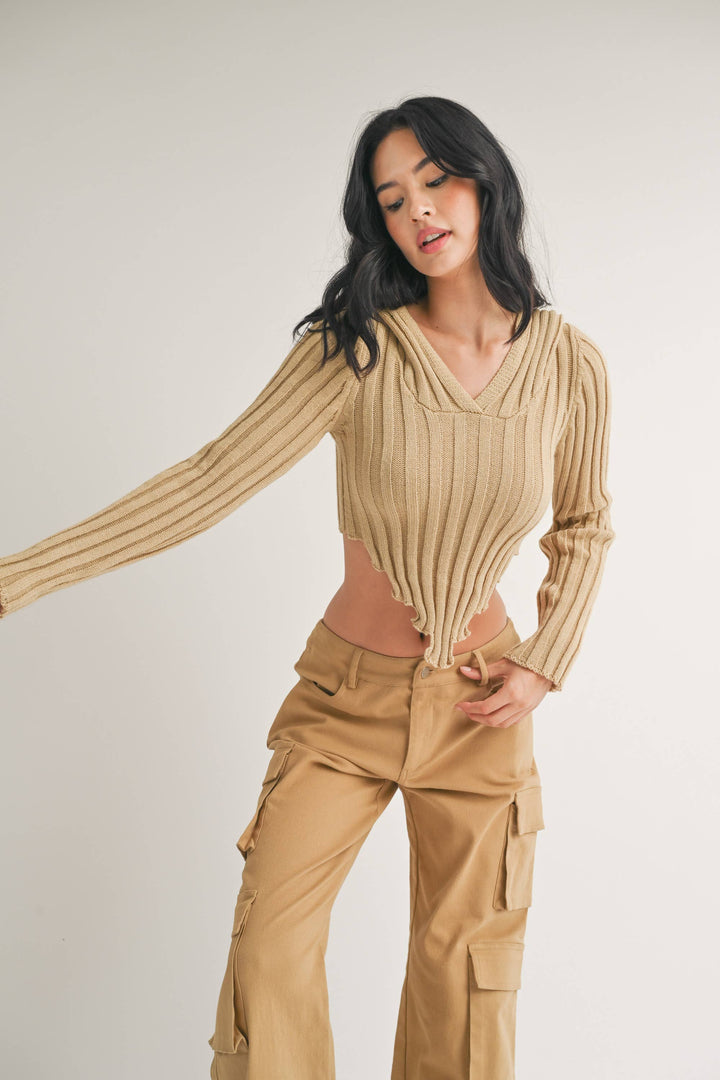 HOODED SWEATER KNIT CROP TOP WITH ASYMMETRICAL HEM